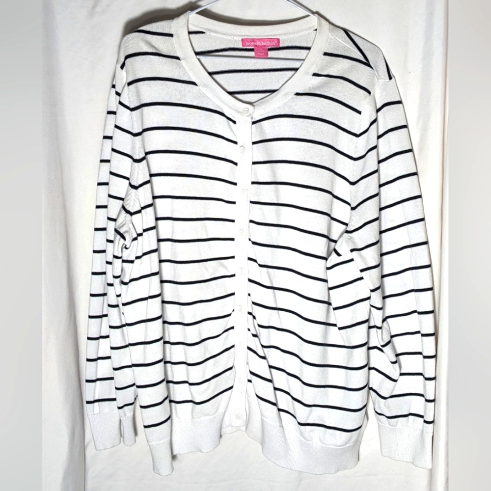 Woman Within White and Black Striped Cardigan
